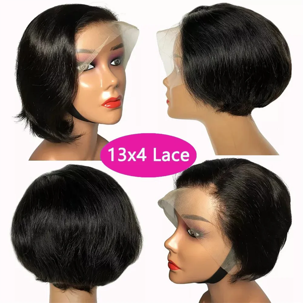 Straight Pixie Cut Human Hair Wig 13x4 Transparent Lace Front (Short Bob, Baby Hair)