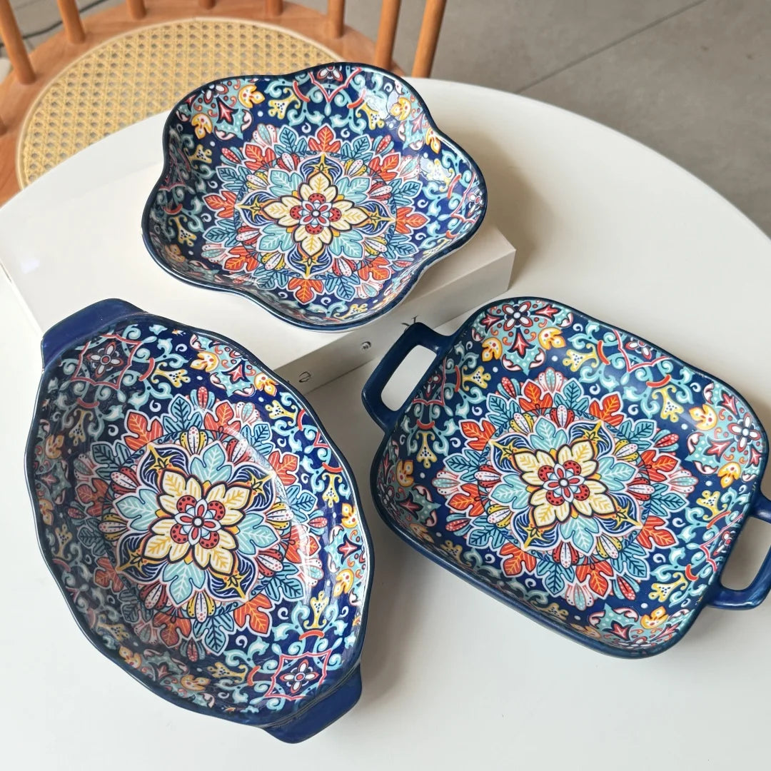 Bohemian Ceramic Plate Set – Double-Eared Fish Plates & High-Value Salad Dish for Home Dining and Cooking