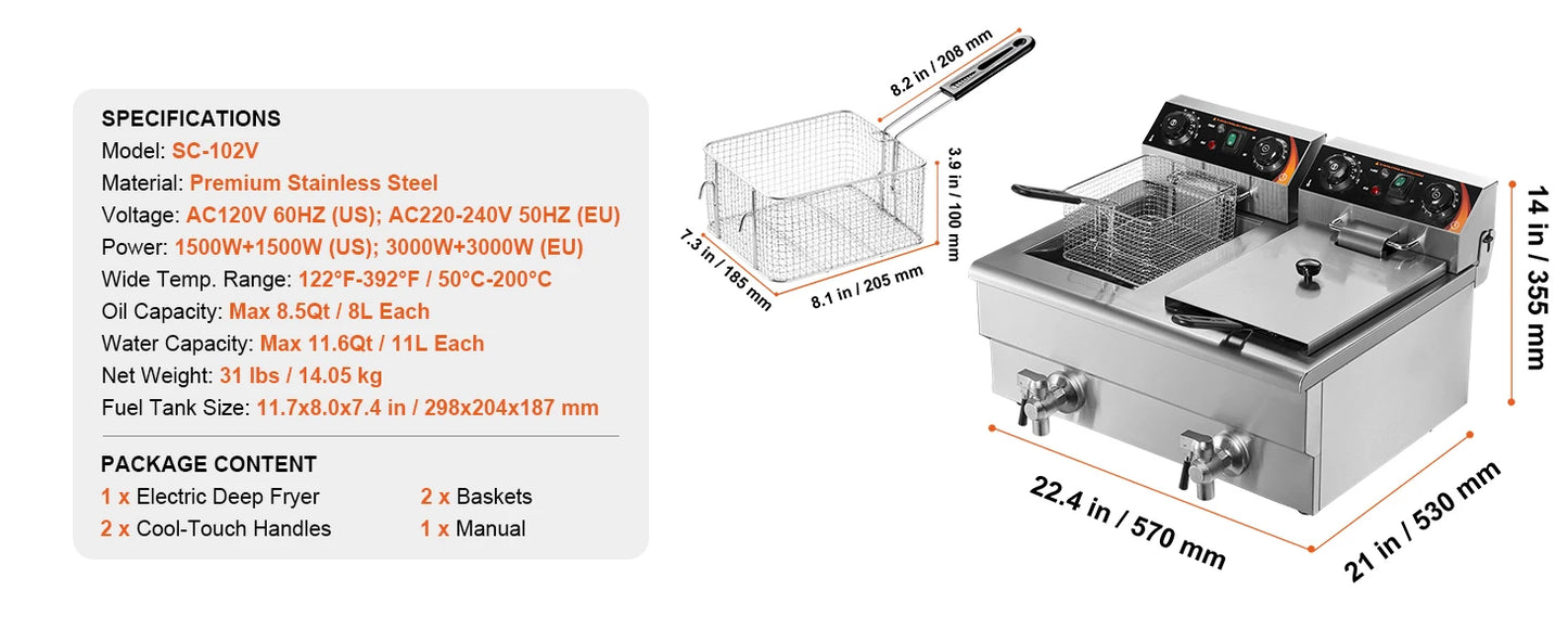 SucceBuy Dual Tank Electric Deep Fryer — Twin Basket 9.1 Qt Each Tank, Fast Heating, 220V Stainless Steel