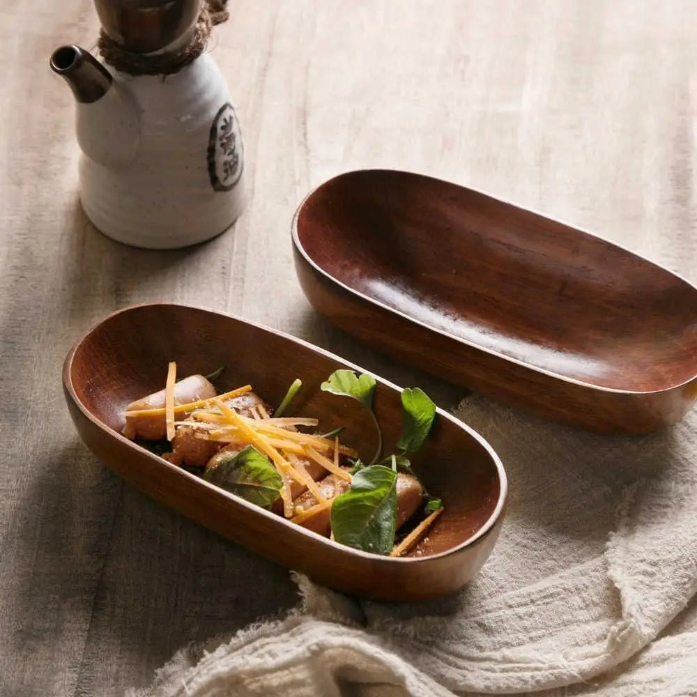 Creative Wooden Oval Salad Bowl – Japanese Boat Style Serving Tray