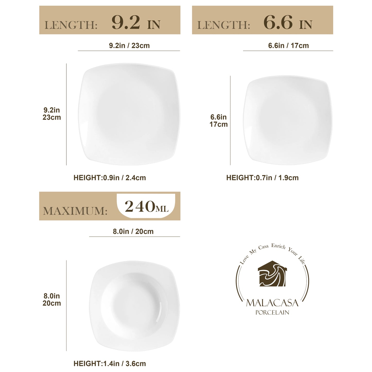 MALACASA JULIA 18-Piece Porcelain Dinnerware Set | 6-Person Modern White Ceramic Plates – Dinner, Soup & Dessert Set