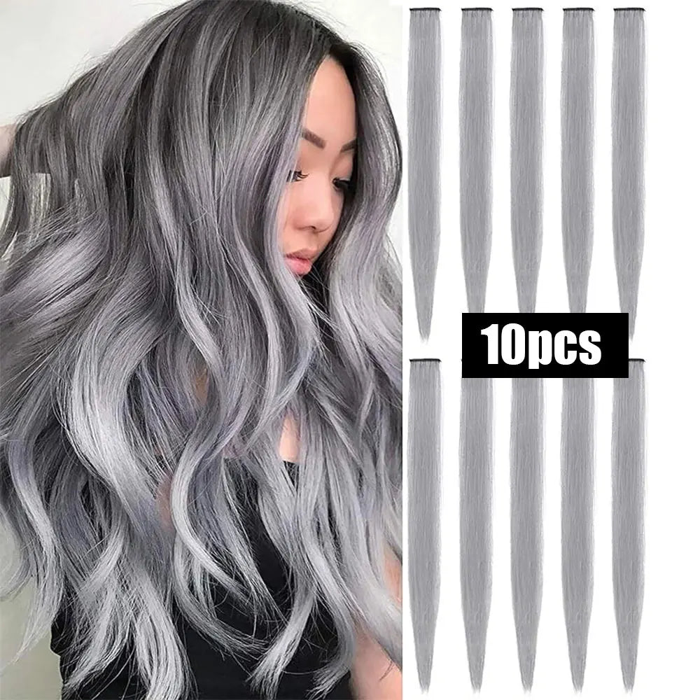 Colored Highlight Clip-In Hair Extensions | Synthetic Straight | 10pcs | Multi-Color | Party & Cosplay