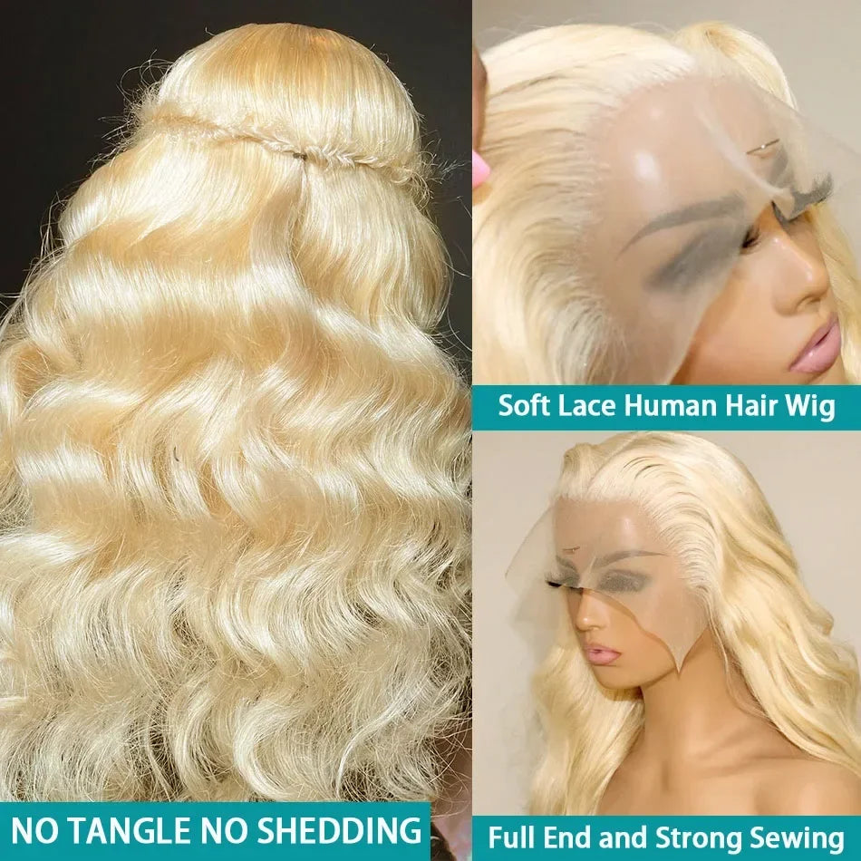 613 Gold Blonde 13x6 HD Transparent Lace Front Wig – 220 Density Body Wave, 30 Inch (Brazilian Remy Human Hair)