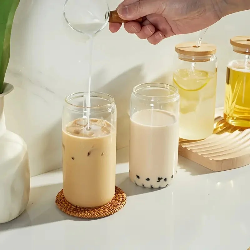 550ml Glass Cup with Bamboo Lid & Straw – Mason Jar Iced Coffee Set (4/6pcs)