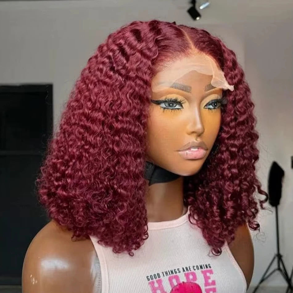 99J Burgundy Short Deep Wave Wig – 13x4 HD Lace Front, Glueless Brazilian Human Hair (14 Inch)