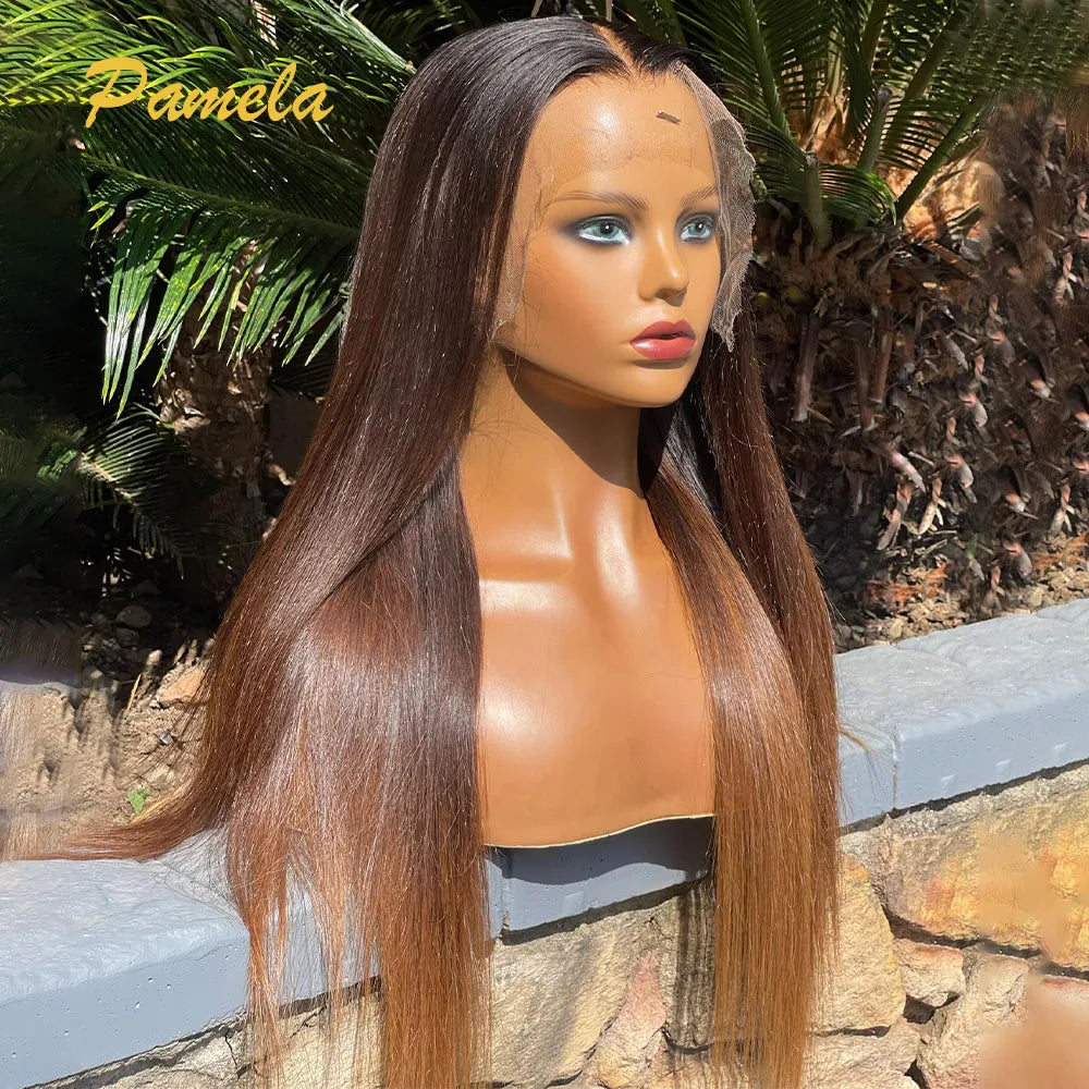 Double Drawn 13x6 HD Lace Frontal Bone Straight Ombre Brown Glueless Human Hair Wig