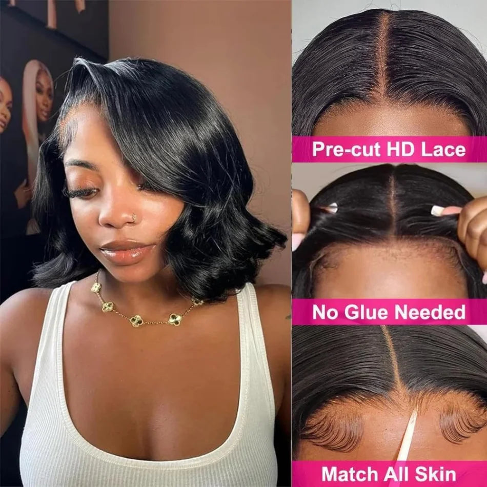 Frolo Bob Wig 5x5 HD Lace Closure Short Glueless Body Wave Human Hair Wig (220 Density, Brazilian Remy, 8–16 Inch)