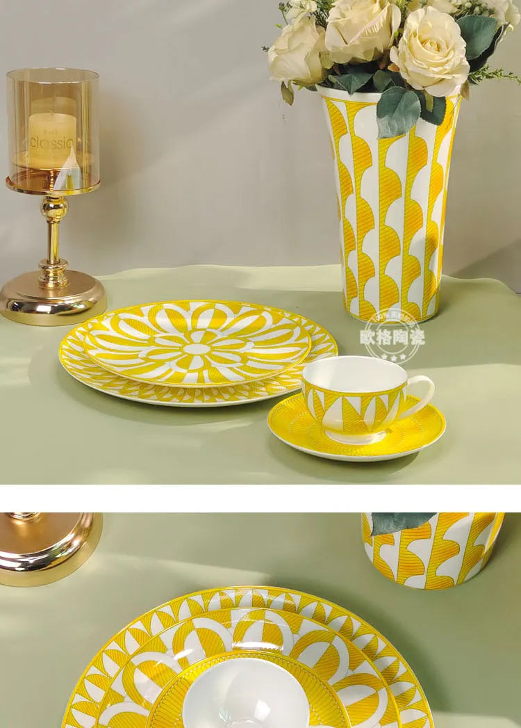 European Style Bone China Tableware Set – Sunshine Geometric Steak Plate & Cup Gift Set for Elegant Dining