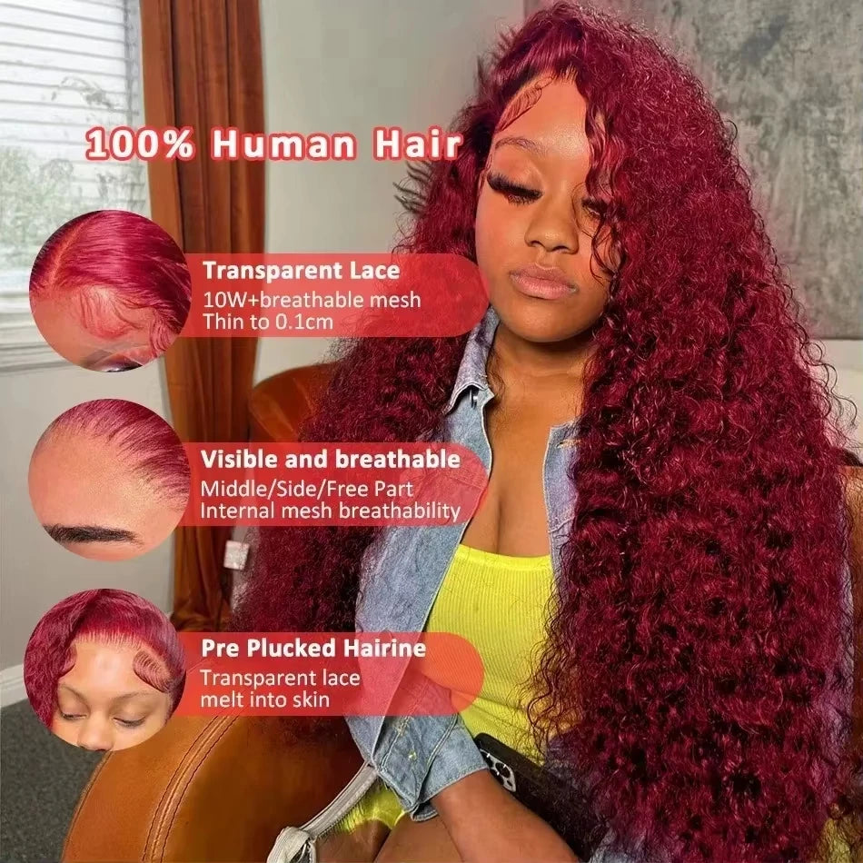 99J Burgundy Deep Wave HD Lace Front Wig (13x6 Parting) Transparent Lace · 26+ Inch
