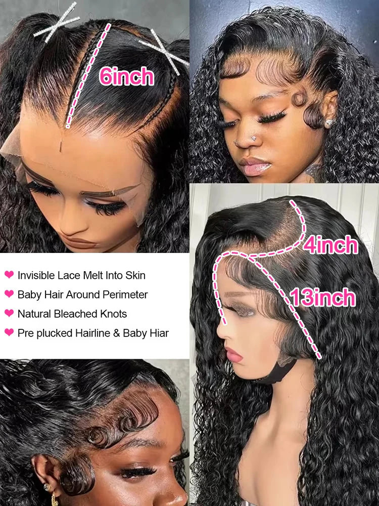 300% Density 40–46 Inch Deep Wave Lace Front Human Hair Wig | 13x6 HD Glueless Curly Wig