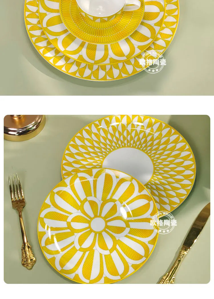European Style Bone China Tableware Set – Sunshine Geometric Steak Plate & Cup Gift Set for Elegant Dining