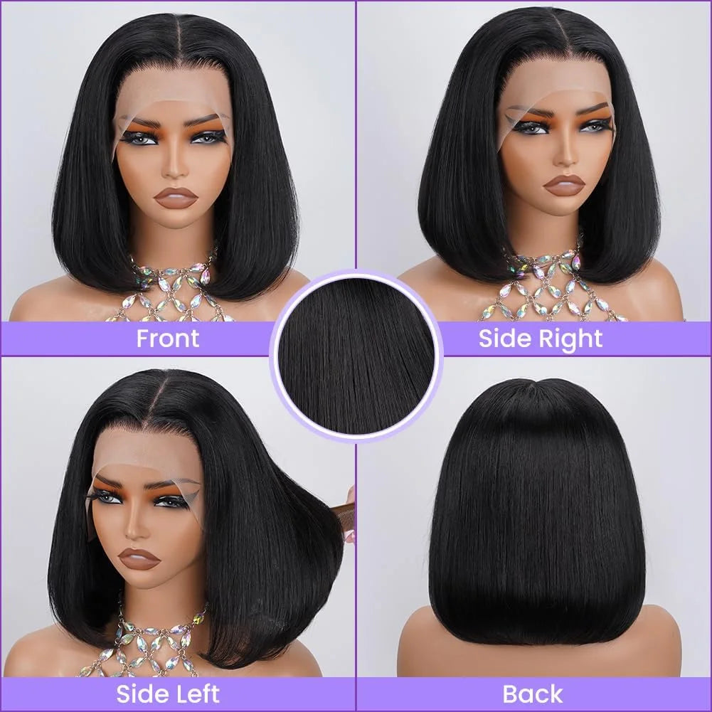 14 & 16 Inch HD Transparent Bone Straight Bob Lace Wig – 4x4 / 5x5 / 13x4, 250% Density, Natural Black