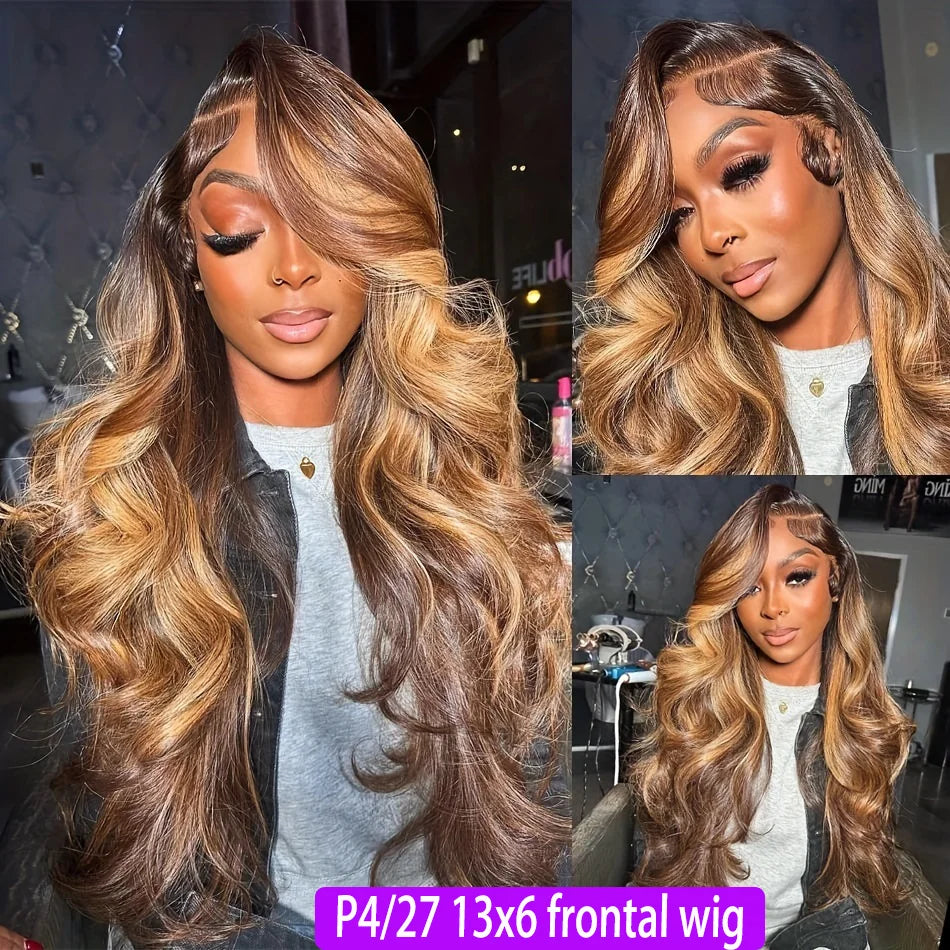 1B/30 Black Brown Body Wave 13x6 HD Lace Front Human Hair Wig (P427 Highlight Ombre, Remy Brazilian Hair)
