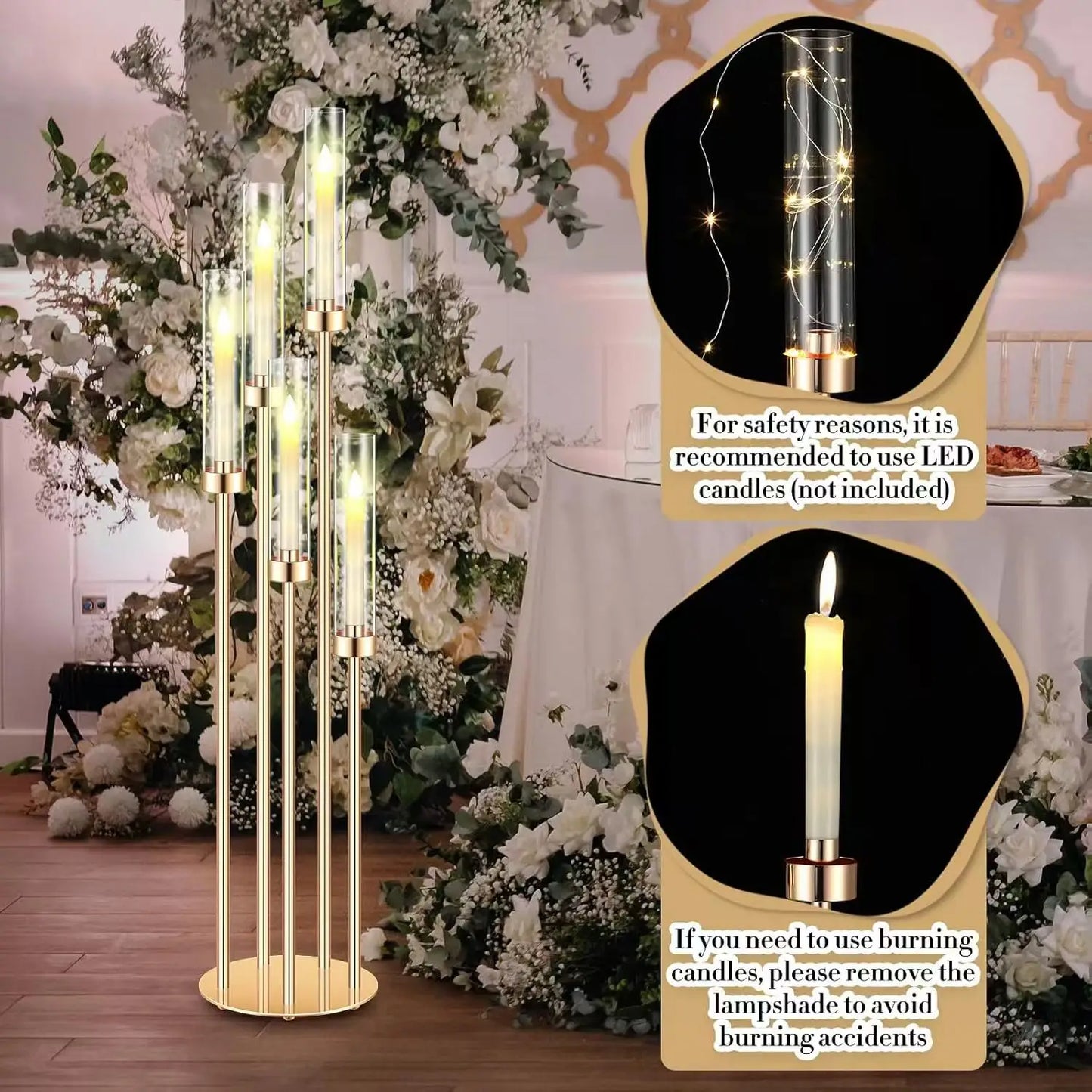 4PCS 46" Tall Metal Floor Candlestick Holders with 24 LED Candles – Wedding, Party & Event Centerpiece Décor