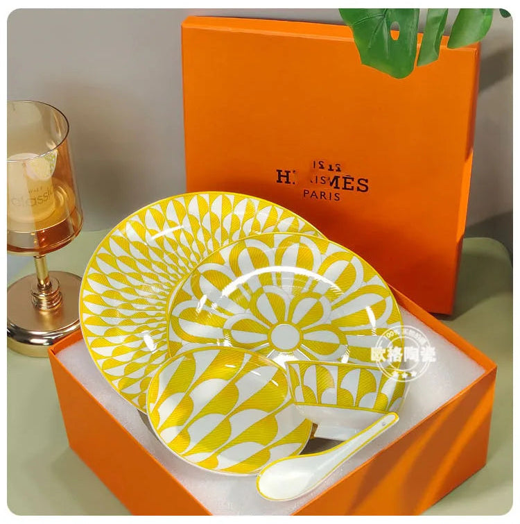 European Style Bone China Tableware Set – Sunshine Geometric Steak Plate & Cup Gift Set for Elegant Dining