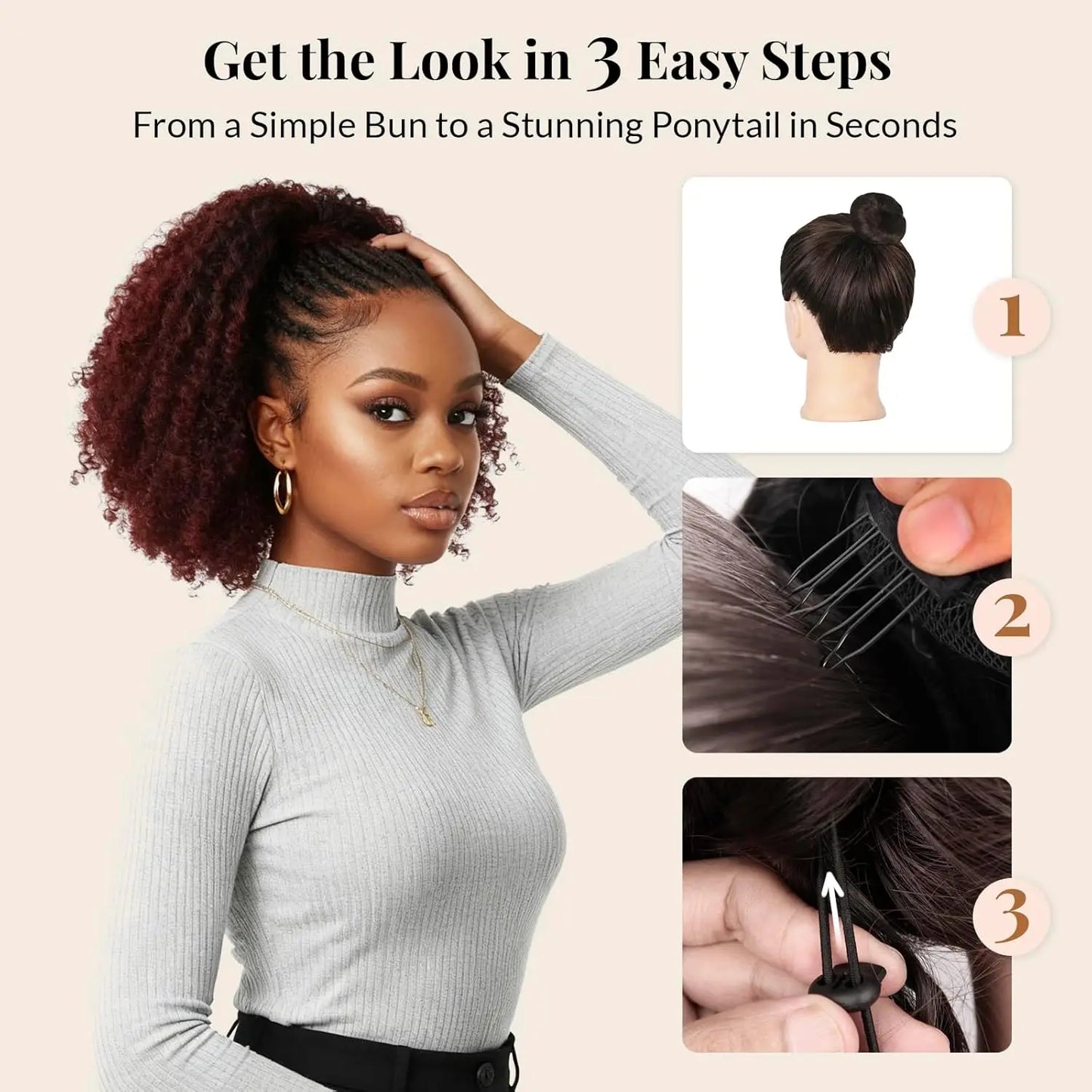 Short Afro Kinky Curly Clip-In Ponytail Extension | Synthetic Hair Piece for Black Women | 10 Inch