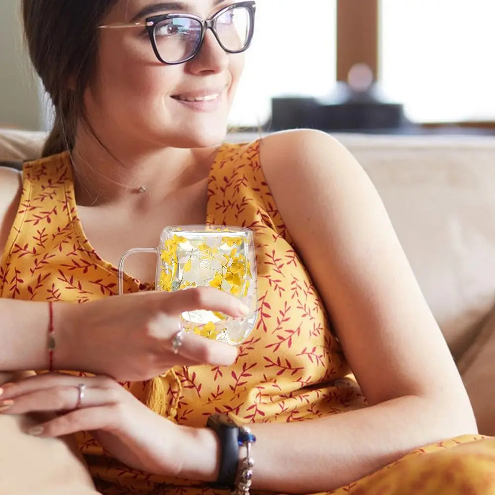 🌸 Double Wall Glass Cup 200ml – Clear Dried Flower Coffee & Tea Mug with Handle