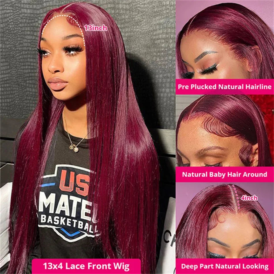 99J Burgundy Straight Lace Front Human Hair Wig – 13x4 / 13x6 HD Transparent, Glueless