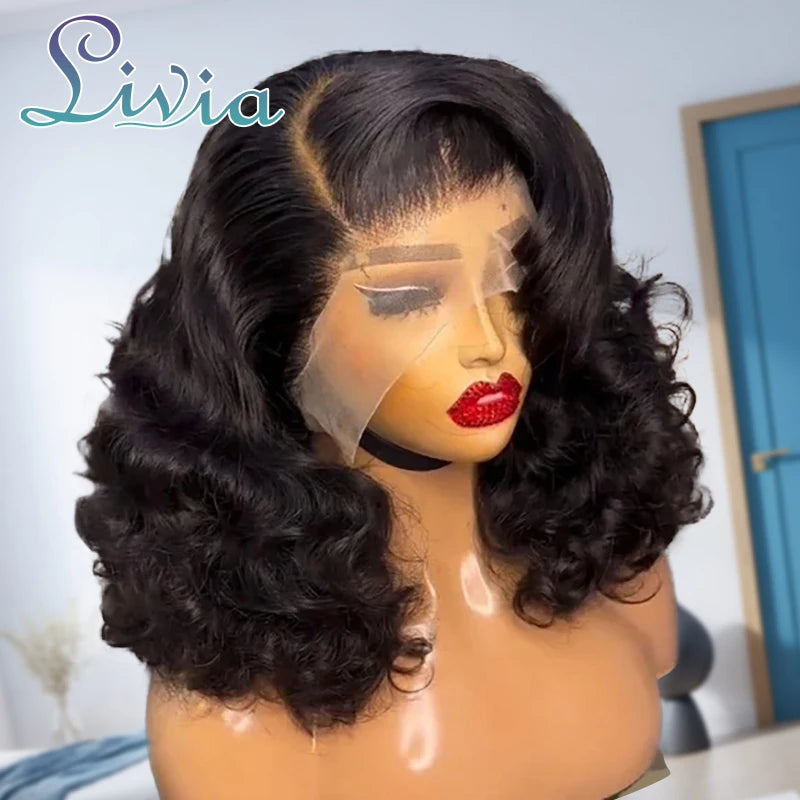 220% Density Body Wave Short Bob 13x4 HD Transparent Lace Front Human Hair Wig (1B Natural Black) – Pre-Plucked