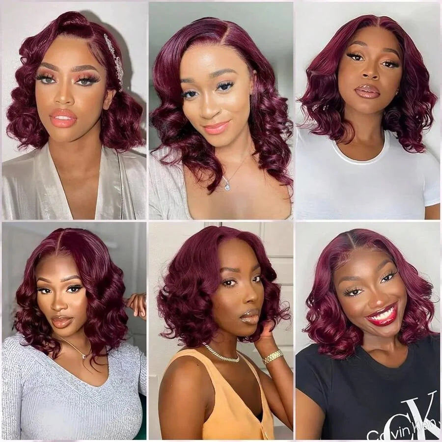 99J Burgundy Body Wave Short Bob Human Hair Wig (13x4 Transparent Lace Front, 250% Density)