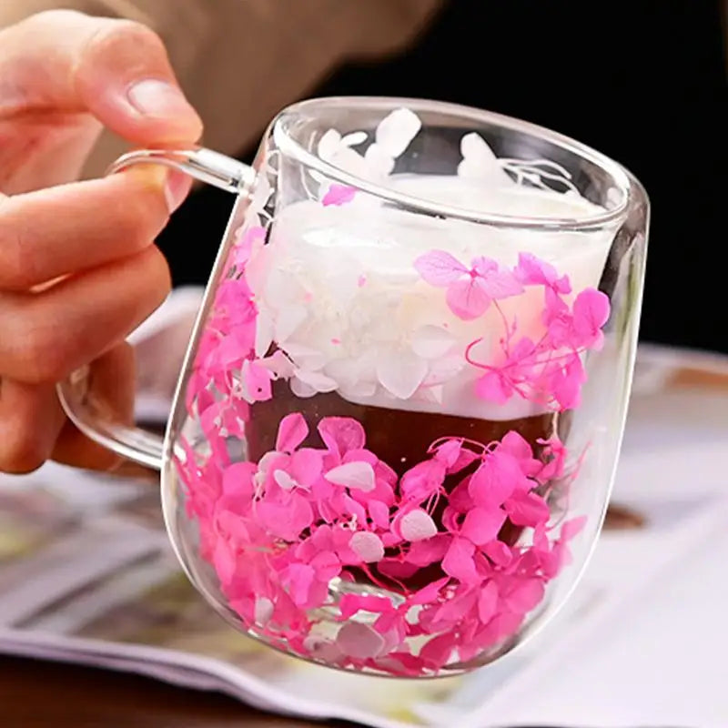 🌸 Double Wall Glass Cup 200ml – Clear Dried Flower Coffee & Tea Mug with Handle