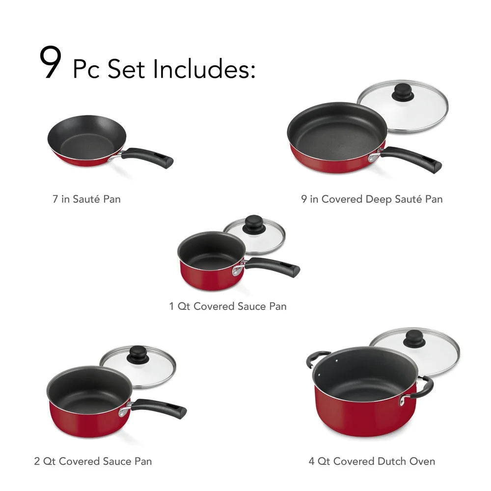 9-Piece Nonstick Cookware Set – Easy Clean Aluminum Pots & Pans with Tempered Glass Lids, Stackable Design for Everyday Cooking