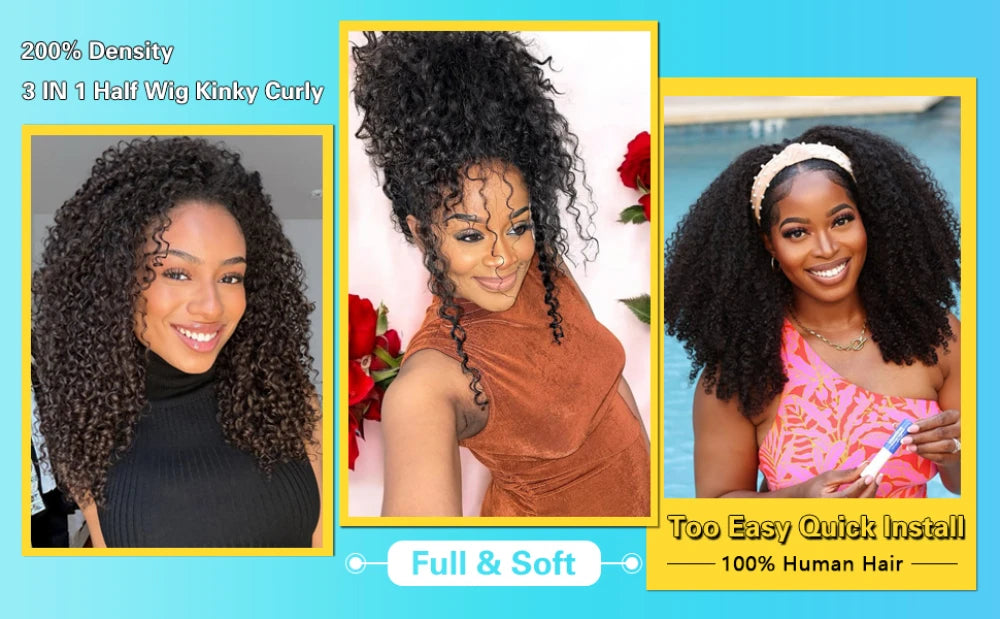 Kinky Curly Half Wig 200% Density Human Hair Clip-In Glueless Wig