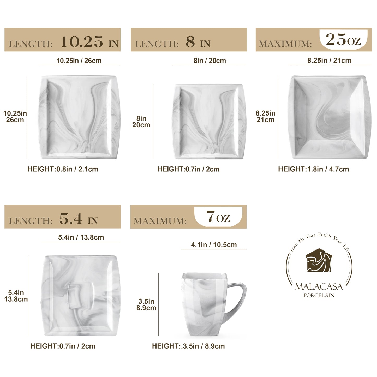 MALACASA 30/60-Piece Marble Grey Porcelain Dinnerware Set | Modern Tableware for 6–12 Persons with Plates, Cups & Saucers