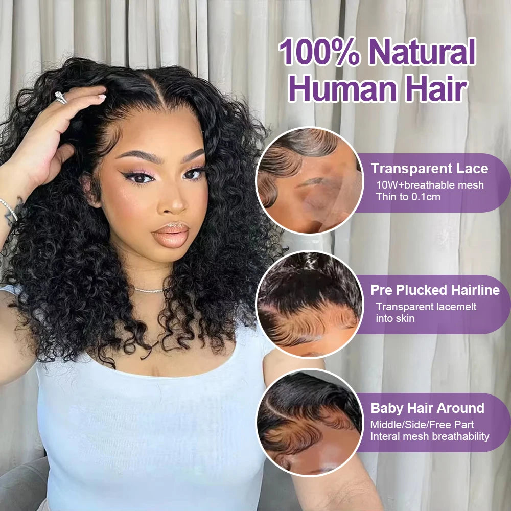 Glueless 13x4 HD Lace Curly Bob Wig 100% Human Hair Pre-Plucked Natural Hairline Short Curly Wig