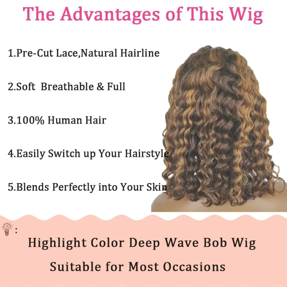 427 Highlight Deep Wave Bob Wig (250% Density) | Glueless 5x5 HD Lace Closure | Brazilian Human Hair