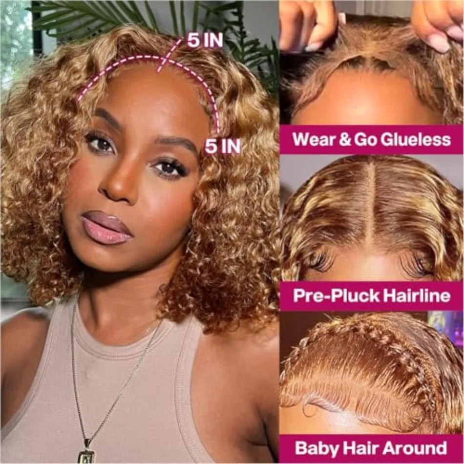 Deep Wave Bob Wig – 5x5 HD Lace Front, Glueless, 4/27 Ombre Highlight, 220% Density Human Hair