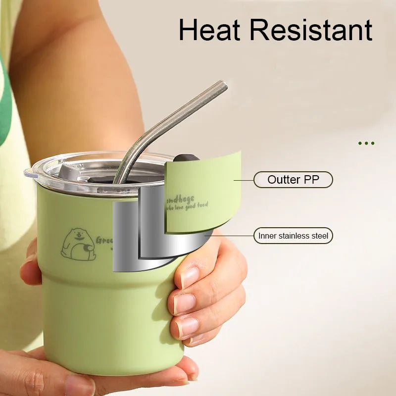 300ml Stainless Steel Tumbler with Straw & Lid – Portable Coffee Travel Mug