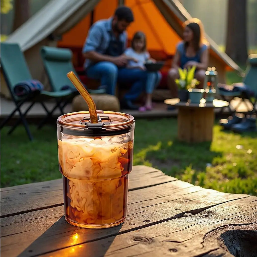 🥤 13oz/400ml Insulated Glass Tumbler with Lid & Straw – Leakproof Iced Coffee Cup