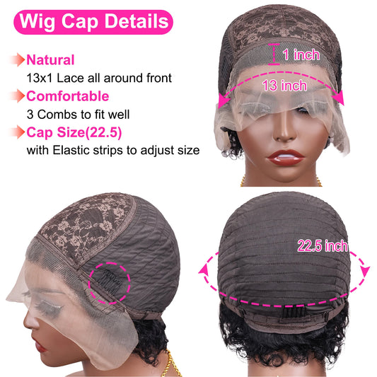 Pixie Cut Short Curly Brazilian Human Hair Wig 13x1 Transparent Lace Front (Water Wave)