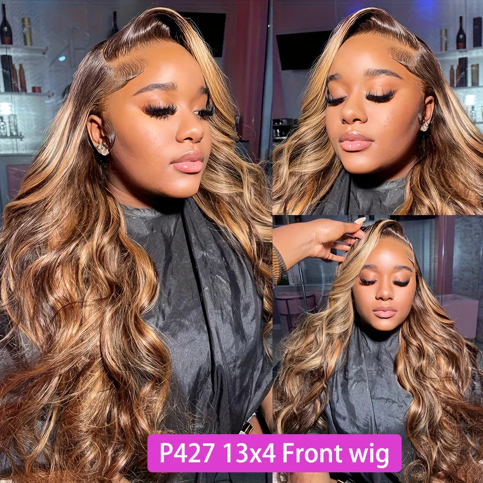 1B/30 Black Brown Body Wave 13x6 HD Lace Front Human Hair Wig (P427 Highlight Ombre, Remy Brazilian Hair)