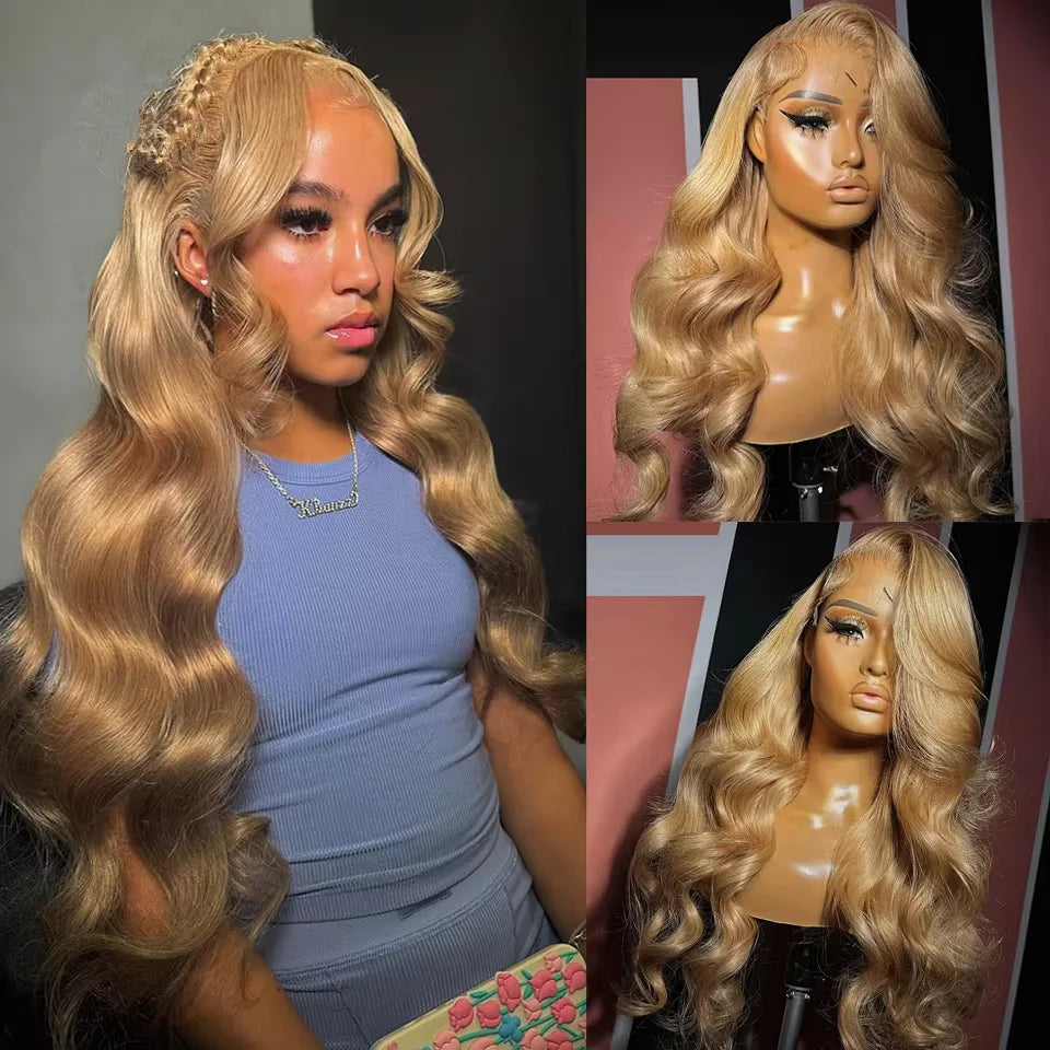 Honey Blonde 13x6 HD Lace Frontal Body Wave Human Hair Wig – Pre-Plucked Brazilian #27 Blonde