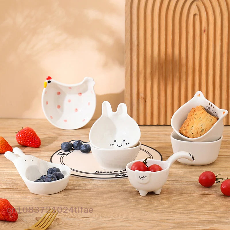 Cute Ceramic Mixing Dish with Handle – Bunny & Cat Dipping Bowl for Snacks & Sushi