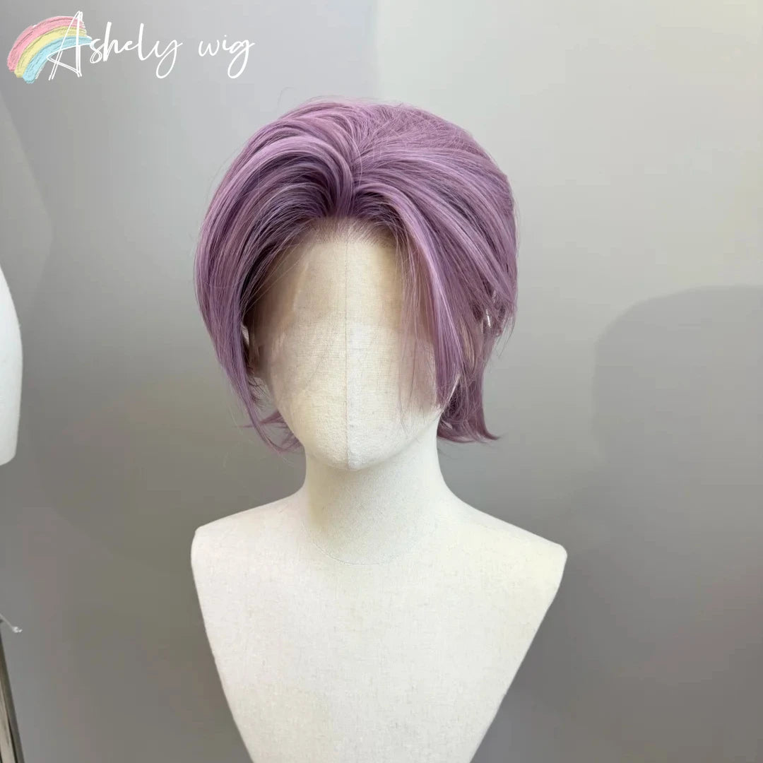 Purple Short Lace Front Wig for Men | 8 Inch Dark Purple Synthetic Wig