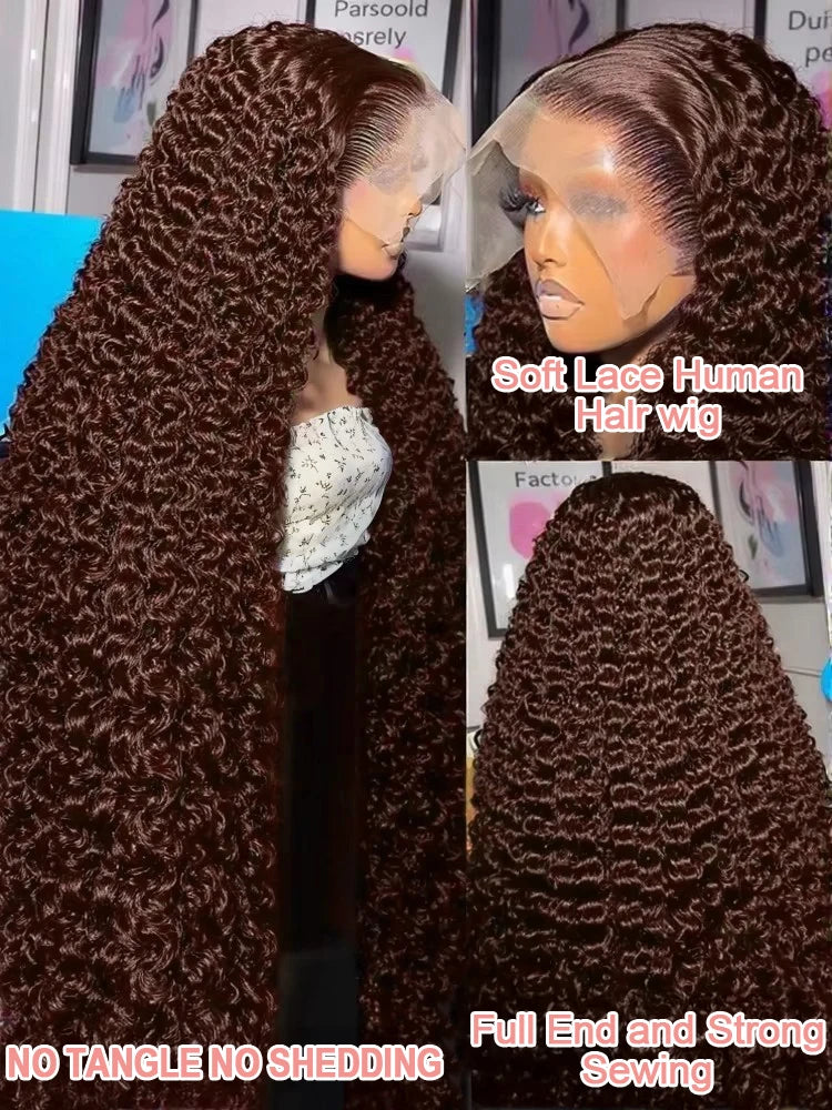 Deep Curly Chocolate Brown HD Lace Frontal Wig – 13x4 / 13x6 Virgin Brazilian Human Hair (30–36 Inch)