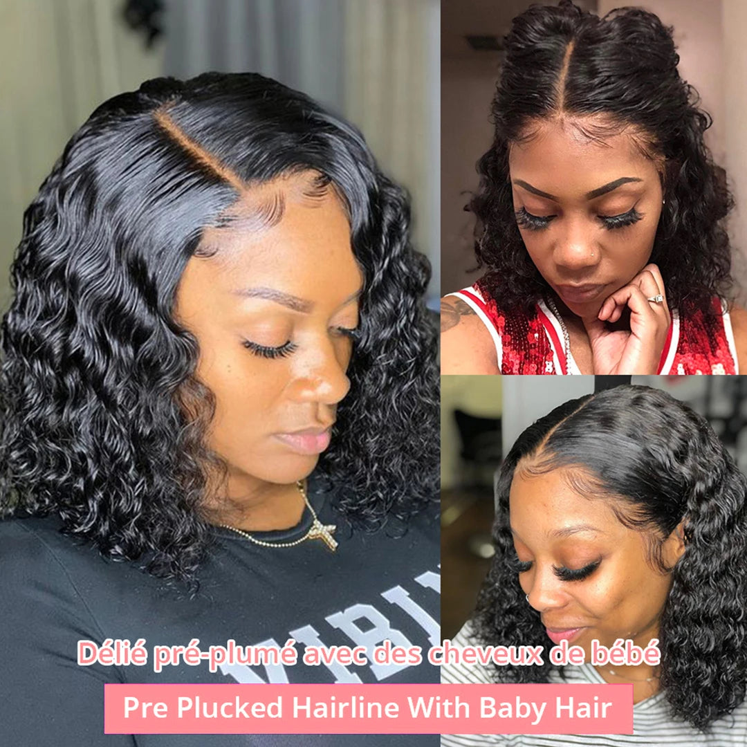 Deep Water Wave Curly Bob Human Hair Wig – 13x6 Transparent Lace Frontal, Glueless (7x5), 250% Density (12–14 Inch)