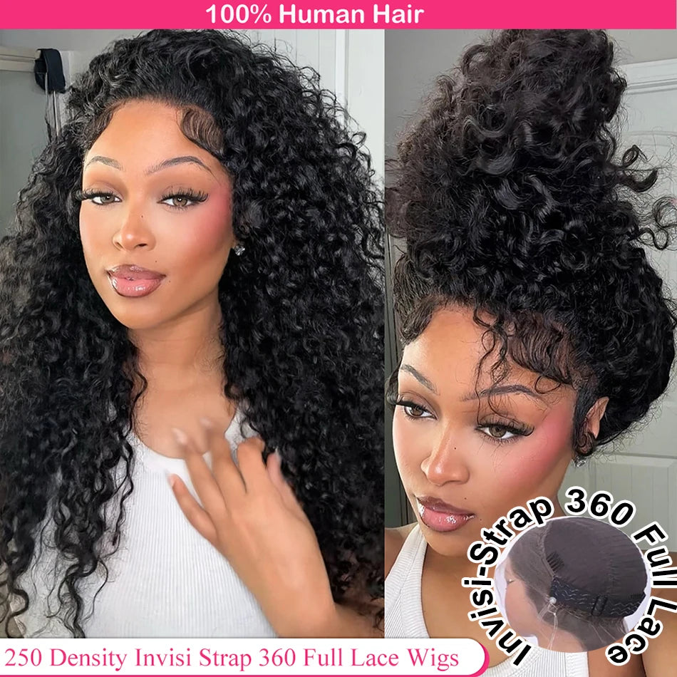 Invisi Strap HD 360 Full Lace Deep Curly Human Hair Wig – Glueless, Pre-Cut, 250% Density