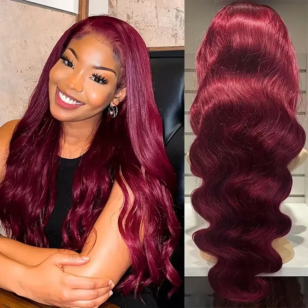 Fuduete 99J Burgundy Body Wave HD Lace Front Wig | Brazilian Remy Human Hair | Transparent Lace
