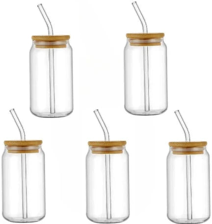 Borosilicate Glass Drinking Cup with Bamboo Lid – Durable Jar-Shaped Coffee & Tea Mug