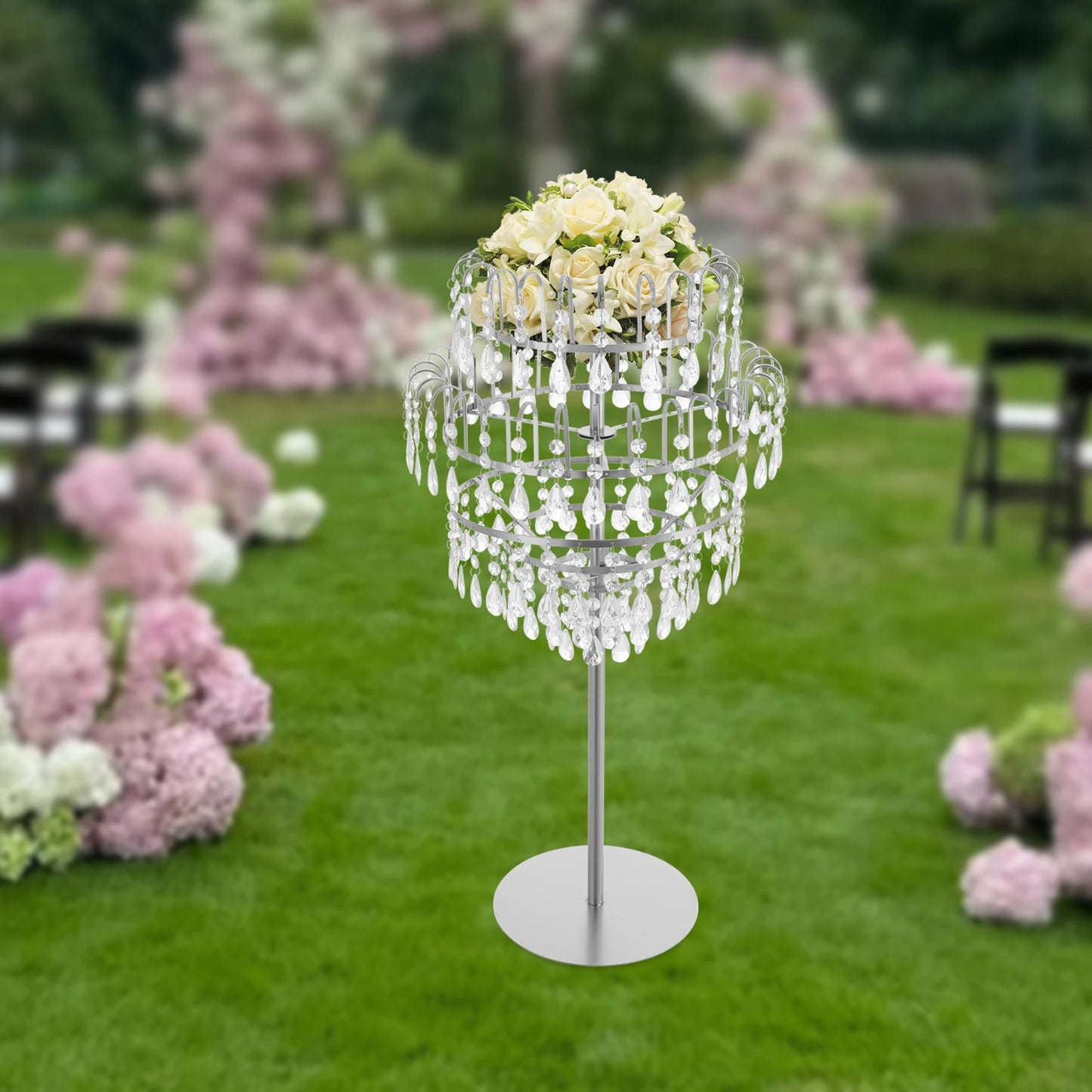 5-Tier Crystal Fountain Flower Stand – Silver & Gold Freestanding Centerpiece for Wedding, Party & Home Décor