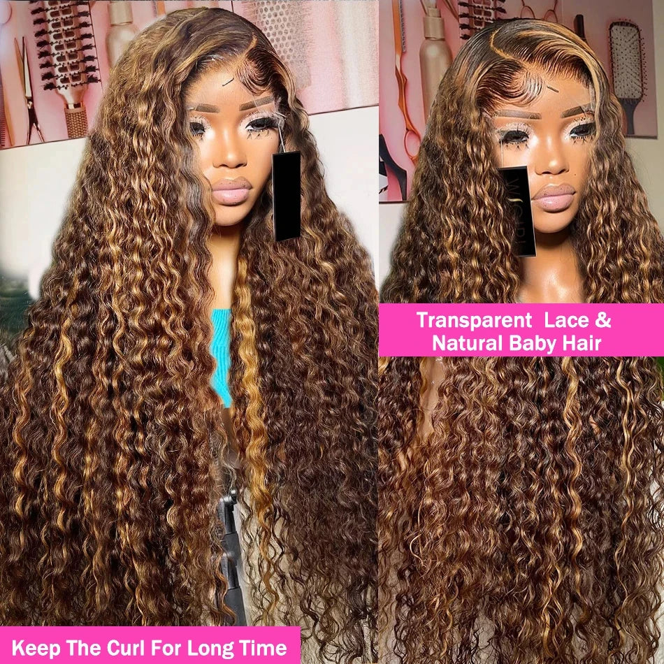 Finros Honey Blonde Highlight Deep Wave Lace Front Wig (30–36") | 13x4 / 13x6 HD Transparent Lace | Brazilian Remy Human Hair