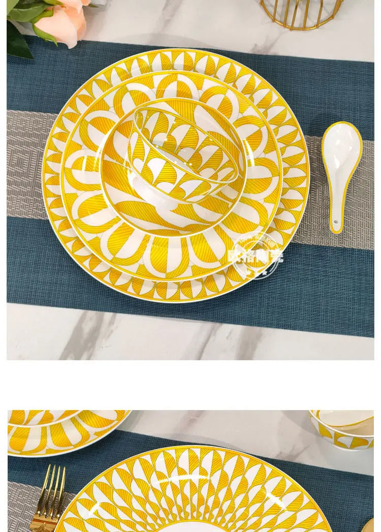 European Style Bone China Tableware Set – Sunshine Geometric Steak Plate & Cup Gift Set for Elegant Dining