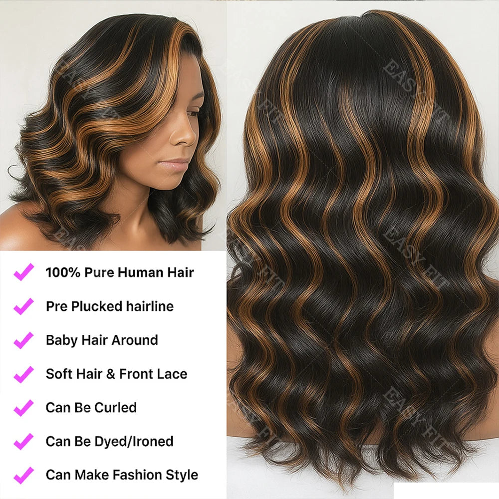 1B/30 Highlight Ombre Short Bob Wig – 13x4 HD Transparent Lace Frontal, Human Hair, Body Wave, 16 Inch