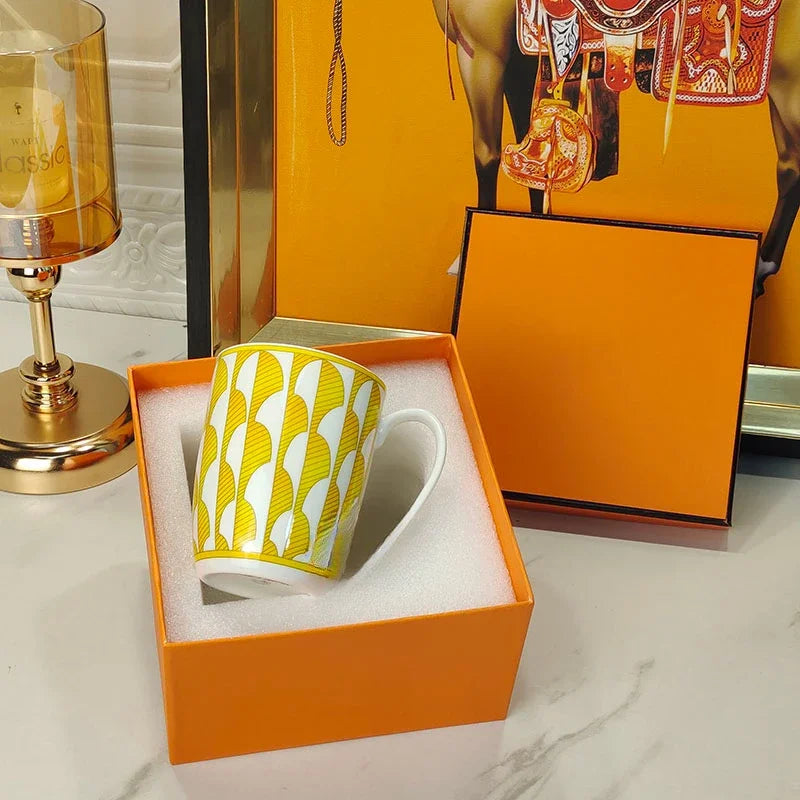European Style Bone China Tableware Set – Sunshine Geometric Steak Plate & Cup Gift Set for Elegant Dining
