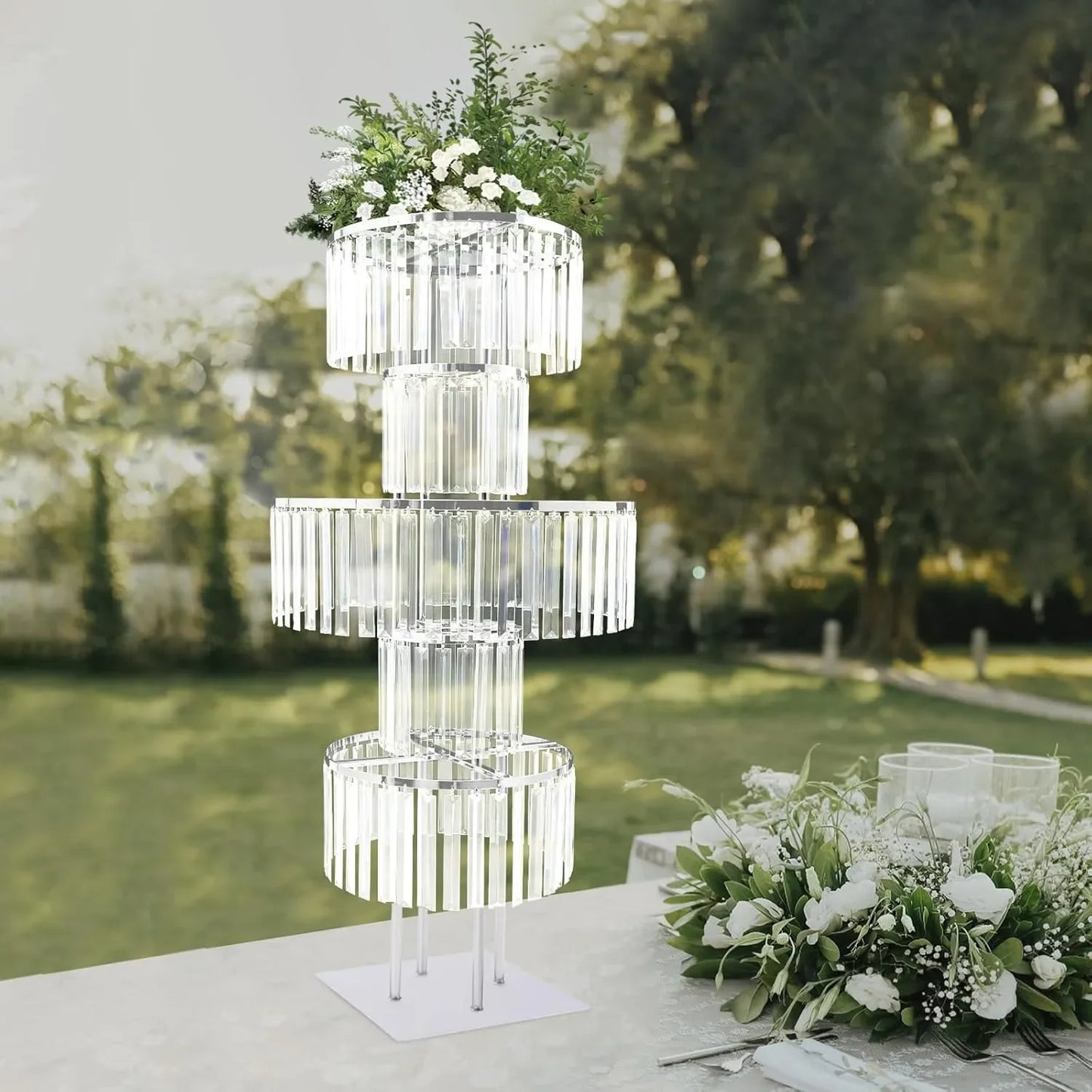 5-Tier Crystal Flower Stand 43.3” Round Chandelier Pedestal – Wedding & Party Table Centerpiece Décor