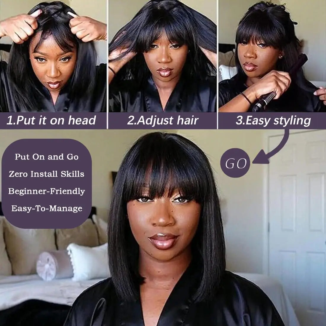 1B Straight Bob Human Hair Wig (Full Machine, Remy, Bleached Knots)